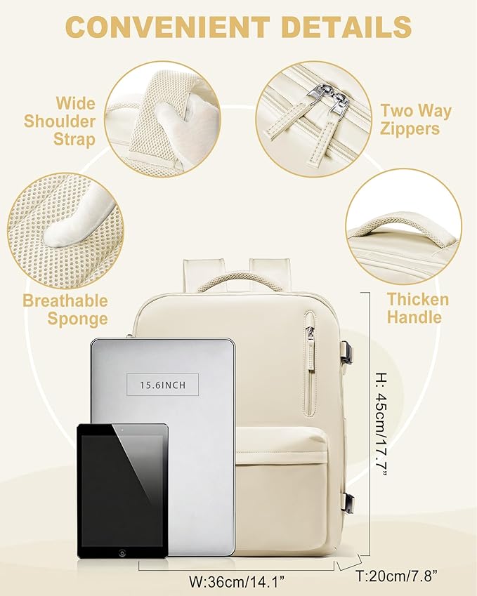 VECAVE Travel Backpack for Women, Airline Flight Approved Carry On Backpacks Waterproof 14 Inch Laptop Backpack with Shoe Compartment Casual Daypack Beige