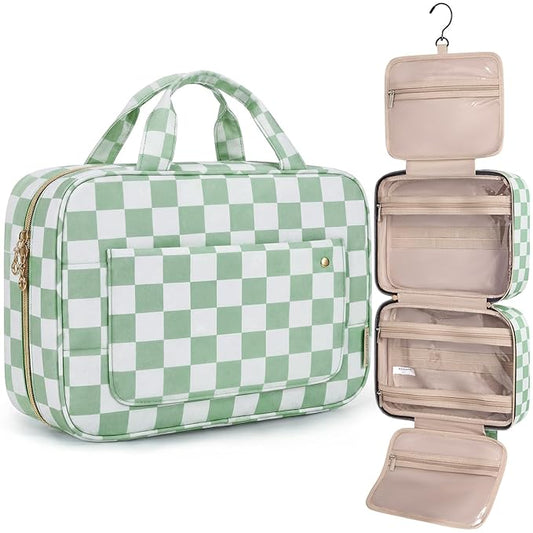 BAGSMART Toiletry Bag Travel Bag with Hanging Hook, Water-resistant Makeup Cosmetic Bag Travel Organizer for Accessories, Shampoo, Full-size Container, Toiletries (Green Checkerboard, Large)