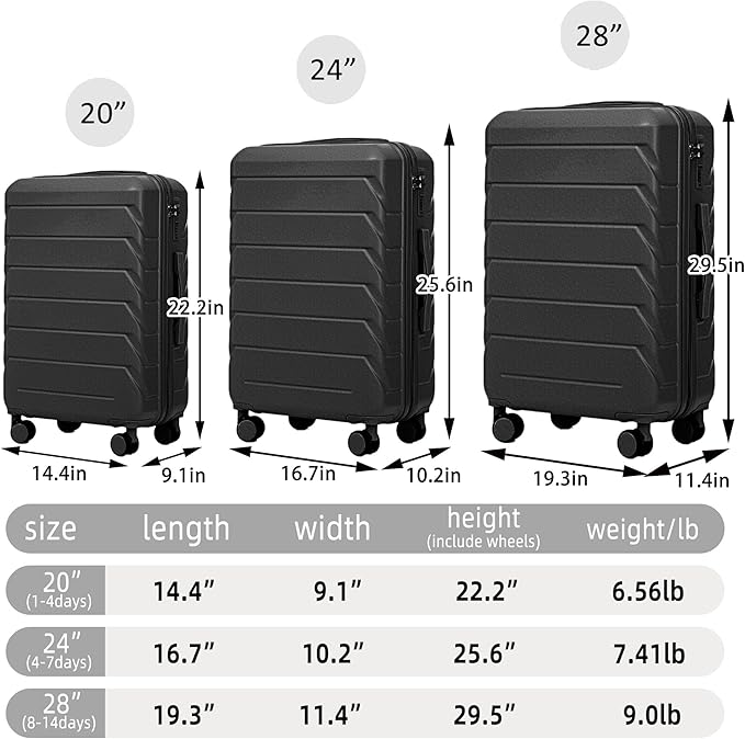 Luggage Sets 3 Piece Suitcase, ABS Hardshell Suit case Spinner Wheels Lightweight