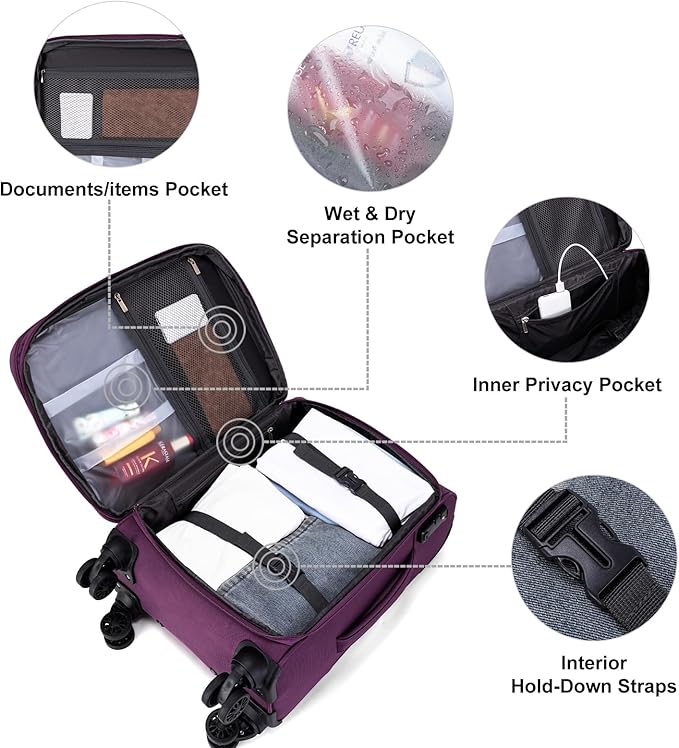 Carry on Suitcase 22x14x9 Airline Approved,20 inch Lightweight Suitcases with 360° silent swivel wheels, TSA Lock and Compartment, Large Capacity travel Suitcase-Purple