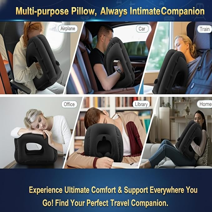 Inflatable Travel Pillows for Airplanes, Blow Up Travel Pillow for Train Office Car with Chin and Neck Support, Inflatable Travel Pillow for Sleep Support with Eye Mask,Storage Bag & Earplugs (Black)