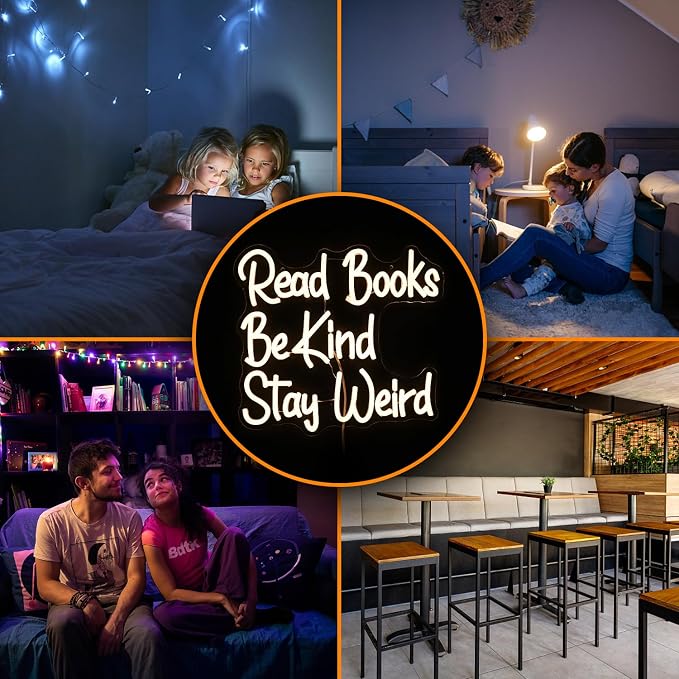 Read Books Be Kind Stay Weird Neon Sign Letter LED Neon Lights Dimmable USB Powered 14.17’’X13’’Cool Wall Decorative Light Bedroom Bar Birthday Party Decoration （Warm White）