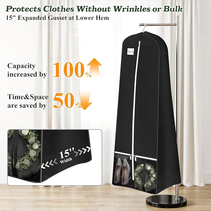 SLEEPING LAMB 72'' Bridal Wedding Gown Dress Garment Bag 15'' Gusseted Garment Cover Shoe Pockets Travel Garment Storage Bag for Prom, Evening Gowns, Black