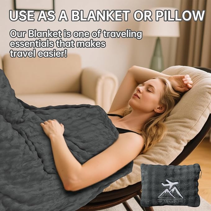 Travel Blanket and Pillow-2-in-1, Ultra-Soft&Compact, Airplane Blanket with Hand Luggage Belt and Backpack Clip,Travelers Accessories Gifts, 61x43 Inches（Dark Gray）