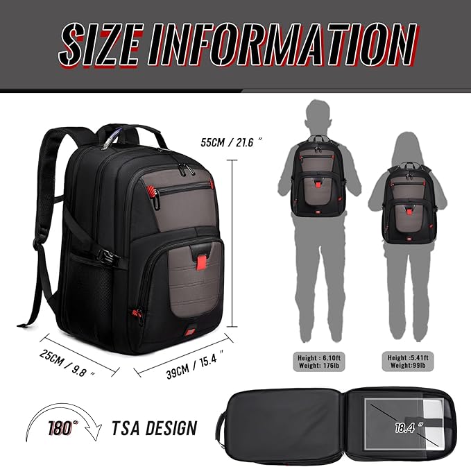 Extra Large Laptop Backpack with LifetimeWarranty,Gaming Laptop Travel Bag Fits 18.4-19" Laptops,TSA Friendly Travel Rucksack for Men Women, Big TSA Airline Approved Work Computer Bag, Grey