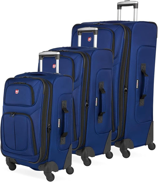 SWISSGEAR Sion Softside Expandable Spinner Luggage Durable Lightweight Travel Suitcase, Blue, 3-Piece Set (21/25/29)