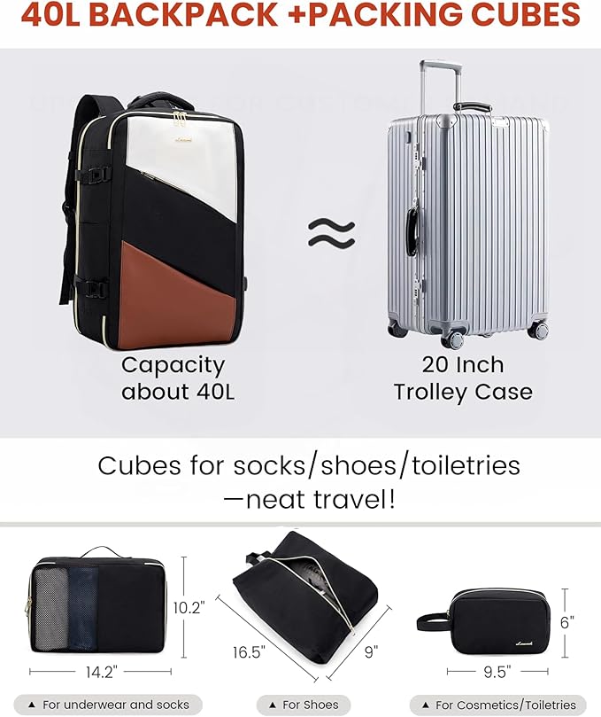 LOVEVOOK Carry on Travel Backpack, Large 40L for Men & Women Flight Approved with USB Charging Port&3 Packing Cubes, Large Suitcase Water Resistant Luggage Daypack Busi, Beige-Black