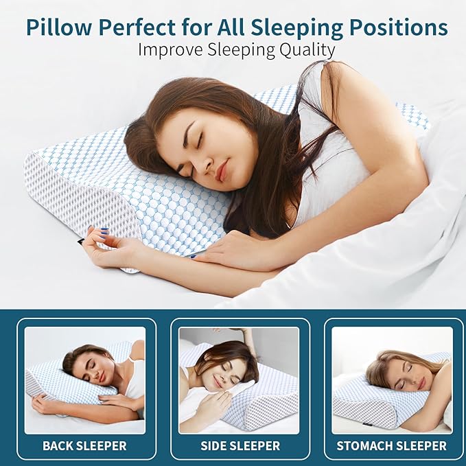 Memory Foam Pillows Neck Pillow for Pain Relief, Ergonomic Cervical Pillow Neck Shoulder Support Bed Pillow for Side Back Stomach Sleeper, Orthopedic Contour Pillow for Sleeping(Blue&White)