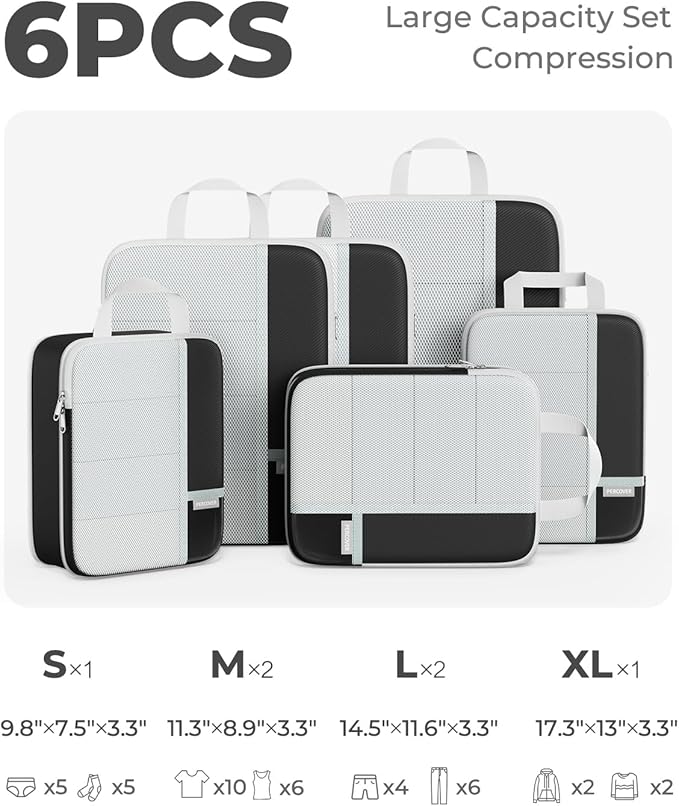 Percover Compression Packing Cubes 6-Piece Set, Packing Cubes Compression for Travel with Multi-Size Organization, Travel Organizer for Carry On & Checked Luggage, Black