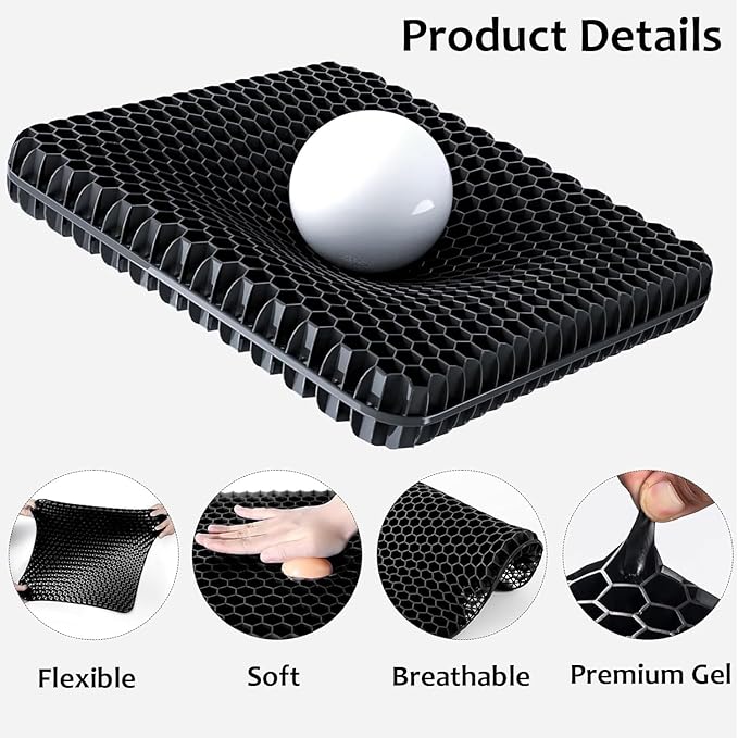 Gel Seat Cushion, Jumbo&Thick Gel Cushion with Non-Slip Cover for Home Office Car Seat Wheelchair, Soft Breathable Honeycomb Chair Pads for Relieve Hip Pain, Black 20x20x1.9inch