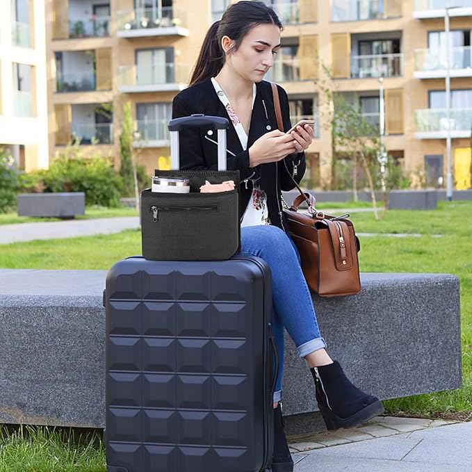 ZHCHG Luggage Travel Cup Holder Attachment for Suitcase Drink Carrier Caddy, Coffee Mug and Tumblers, Traveler Carry on Hands Free Accessory- Gifts for Flight Attendants Travelers Accessories- Black