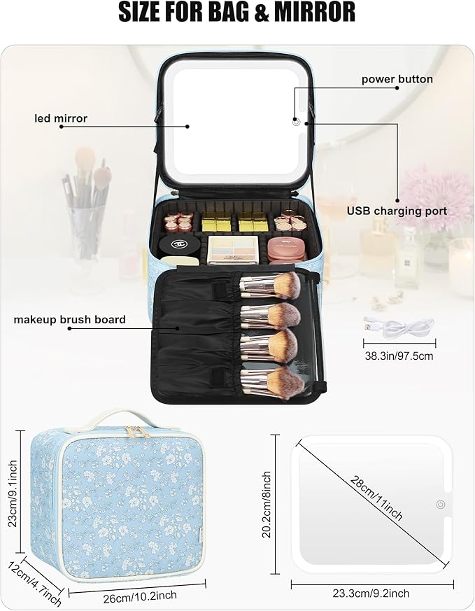 Relavel Travel Makeup Bag With LED Mirror for Women, Cosmetic Organizer Bag with Adjustable Brightness in 3 Color Scenarios, Detachable Dividers, Waterproof Train Case for Daily - White Flower