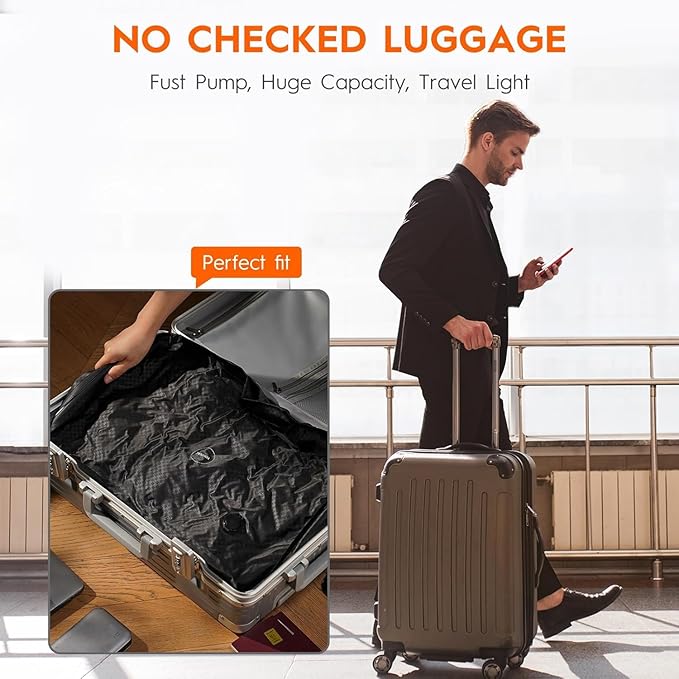 Vacuum Bags with Wireless Pump– Space Saver Compression Bags for Luggage, No Checked Baggage, Triple Your Luggage Space, IP68, Reusable, Fits 20/24/28 Inch Suitcase (3PC+Pump (No Tracker))