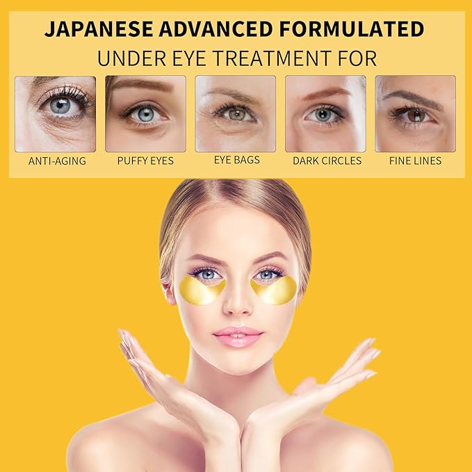 24K Gold Eye Masks for Dark Circles and Puffiness 70PCS, Under Eye Patches for Puffy Eyes Treatment, Under Eye Gel Pads w/ Collagen, Caffeine, Peptides for Eye Bags Treatment, Gel Eye Mask Skincare