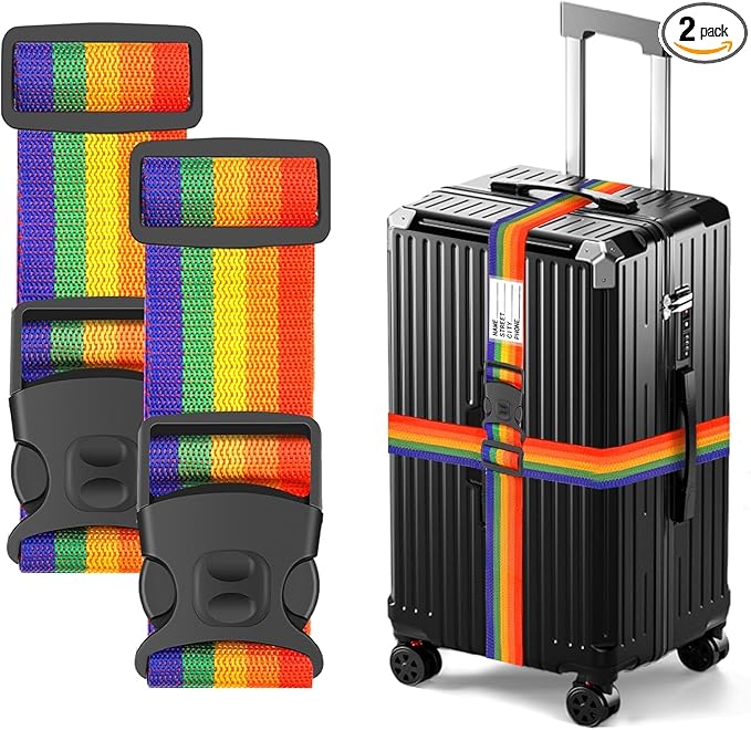 BILIONE Luggage Straps Adjustable Suitcase Belt, Lockable Against Accidental Opening, Easy to Identify Travel Accessories, Add a Bag Connector Holds Suitcase Together (2, Rainbow)