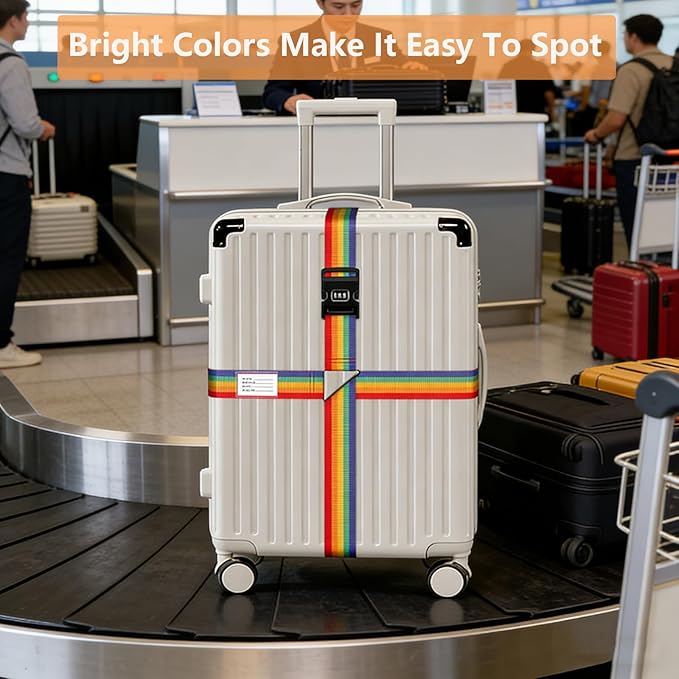 Luggage Straps for Suitcases,Travel Luggage Straps with Lock and Luggage Tags,Suitcase Strap,Adjustable Colorful Travel Belt for Travel Suitcase Bag Closure Accessories.(Rainbow)
