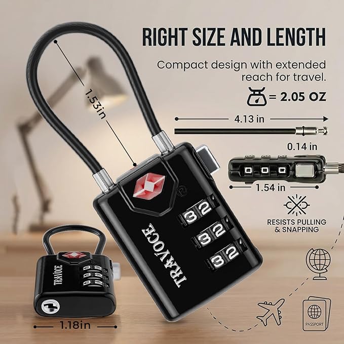 TRAVOCE TSA Approved Luggage Locks - Heavy Duty 3 Digit Combination Cable Lock, Search Alert for Suitcases, Backpacks, Golf Bags, Tents, Violin and Camera Cases, 4 Pack, Black