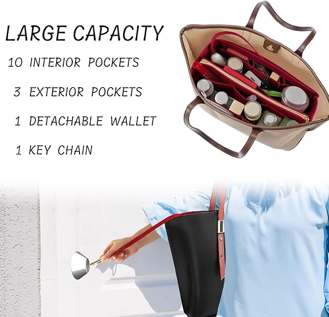 DailyPlus Purse Organizer Insert with Zipper Felt Bag Organizer Handbag Organizer Insert Bag in Bag Organizer with Key Chain for Tote Purse Bag Dark Red X-Large