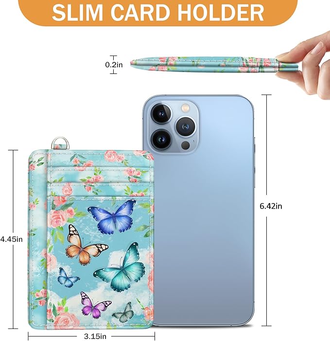 Yonlevres Credit Card Holder Slim Wallet, Butterfly RFID Wallet Women Front Pocket Small Card Holder, Travel Cute Funny Thin Card Case ID Window PU Leather RFID Blocking Card Organizer Gifts Girls