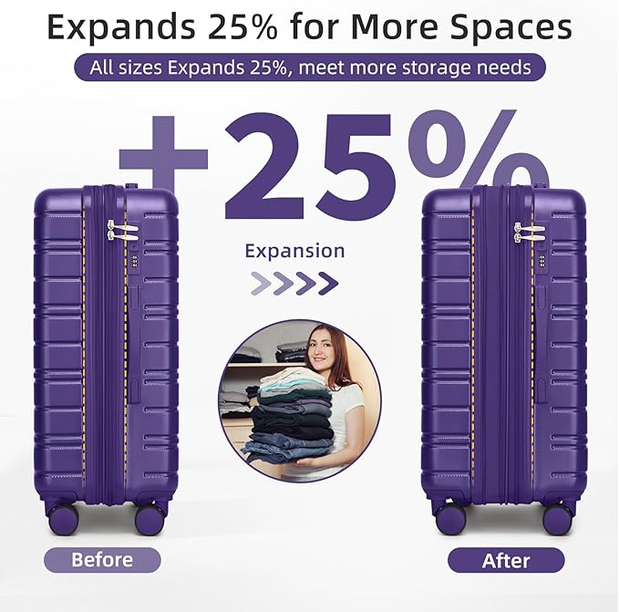 6 Piece Luggage Set Hard Shell - Grape Purple Expandable Suitcases with Spinner Wheels and Duffel Bags for Family Travel, Durable Carry On Luggage Sets with Lock for Women and Men
