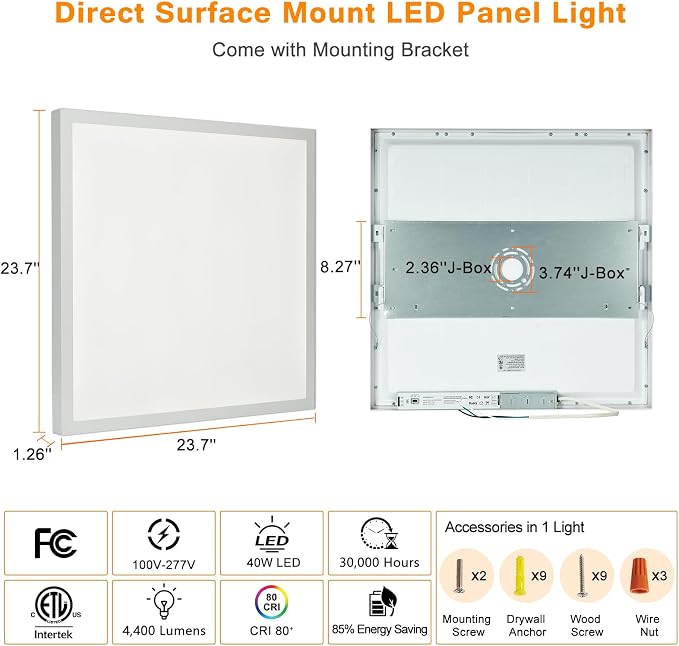 2x2 FT LED Flat Panel Light Surface Mount Dimmable, 4-Pack | 3000K/4000K/5000K in one - 40W 24x24 inch Backlit Flush Mount Ceiling Fixture, Bright 4400LM, 100-277V, ETL Listed