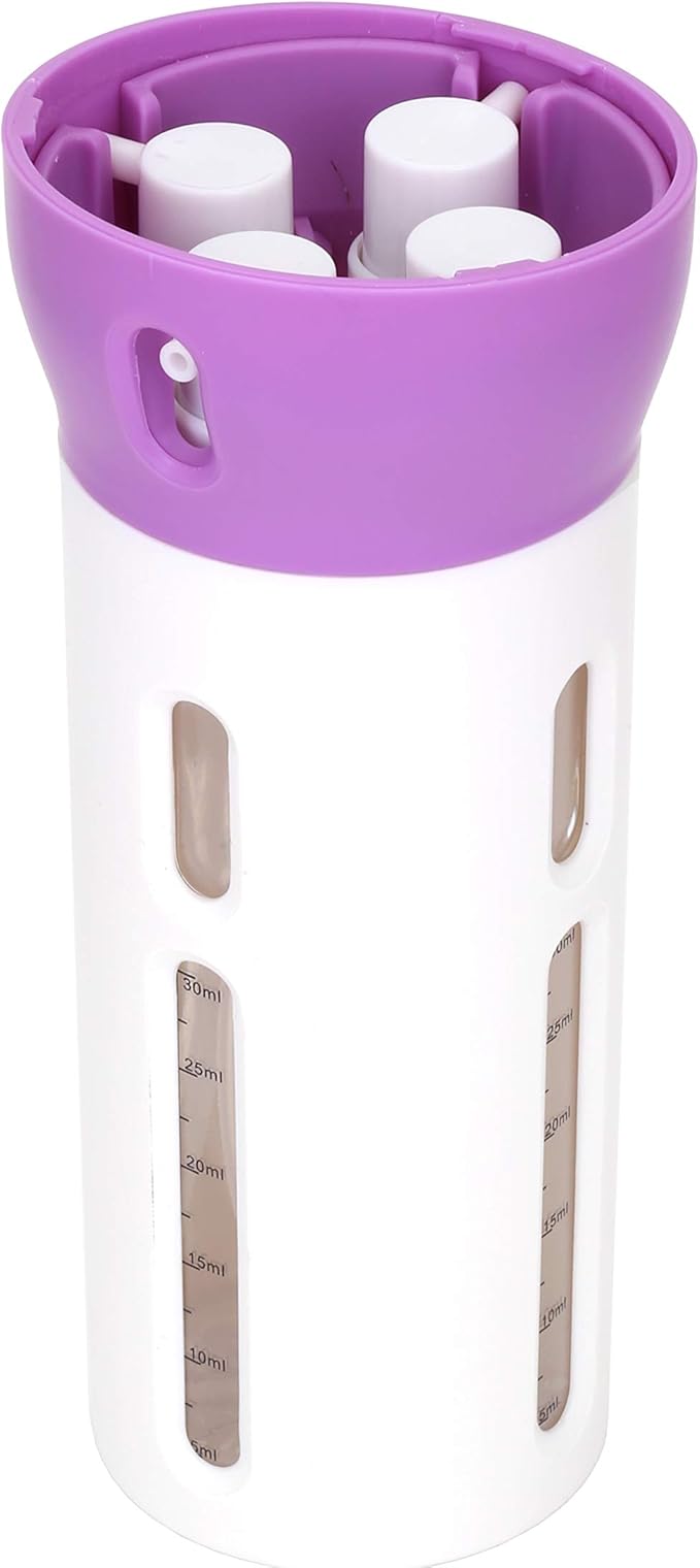 Travigo 4-in-1 Travel Dispenser Bottle, TSA Approved, Leak Proof, Four Reusable 1.4 oz. (40 mL) Toiletry Containers for Shampoo, Conditioner, Soap, Lotion, Skincare (Purple)