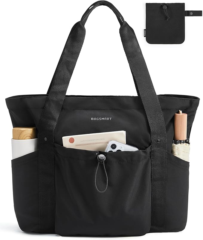 BAGSMART Foldable Tote Bag with Drawstring Bag, Large Tote Bag Shoulder Bag Top Handle Handbag for Travel, Work, Beach, Gym