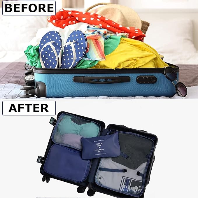 6 Set Packing Cubes for Travel, Luggage Organizers with Shoe & Toiletry Bags, Lightweight Suitcase Organizer for Carry-On, Washable Laundry Bags(Dark Blue)