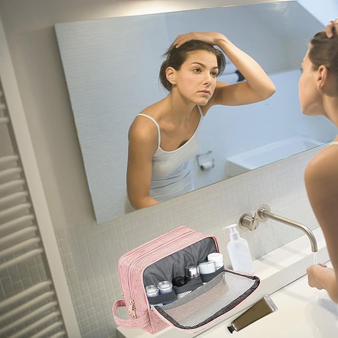 Toiletry Bag for Men Hanging Dopp Kit Water Resistant Shaving Bag Small Toiletry Bag for Traveling (Denim Pure Pink)