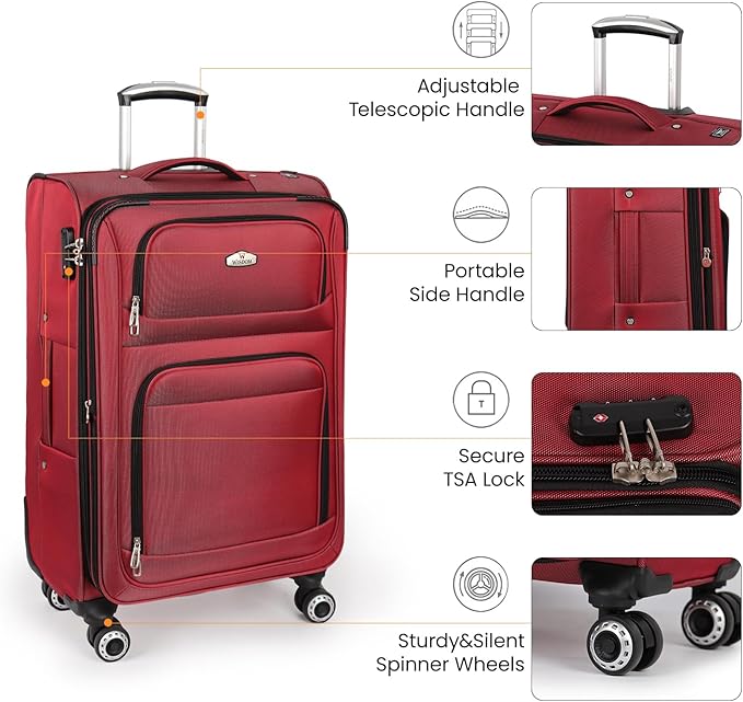 Softside Luggage Sets 3 Piece,Expandable Lightweight Durable Suitcase Sets Double Spinner Wheels w/Combination LOCK （20''/26''/30''）#Red