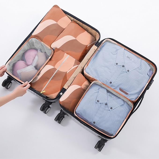 7 Set Packing Cubes Travel Luggage Organizers for Suitcase Travel Accessories with Shoe Bag for Girls Women Aesthetic Art Cute Wave Wavy Leaves-Red Brown