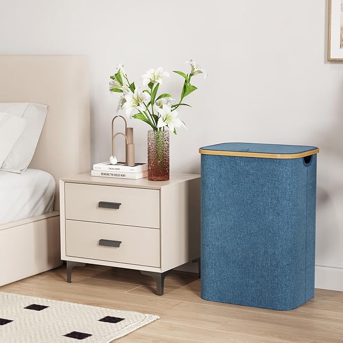 Lifewit 80L Laundry Basket with Lid, Clothes Hampers for Laundry with Bamboo Handles and 1 Removable Bag, Large Foldable Laundry Hamper for Bedroom, Bathroom, Dorm, Laundry Room, Dark Blue