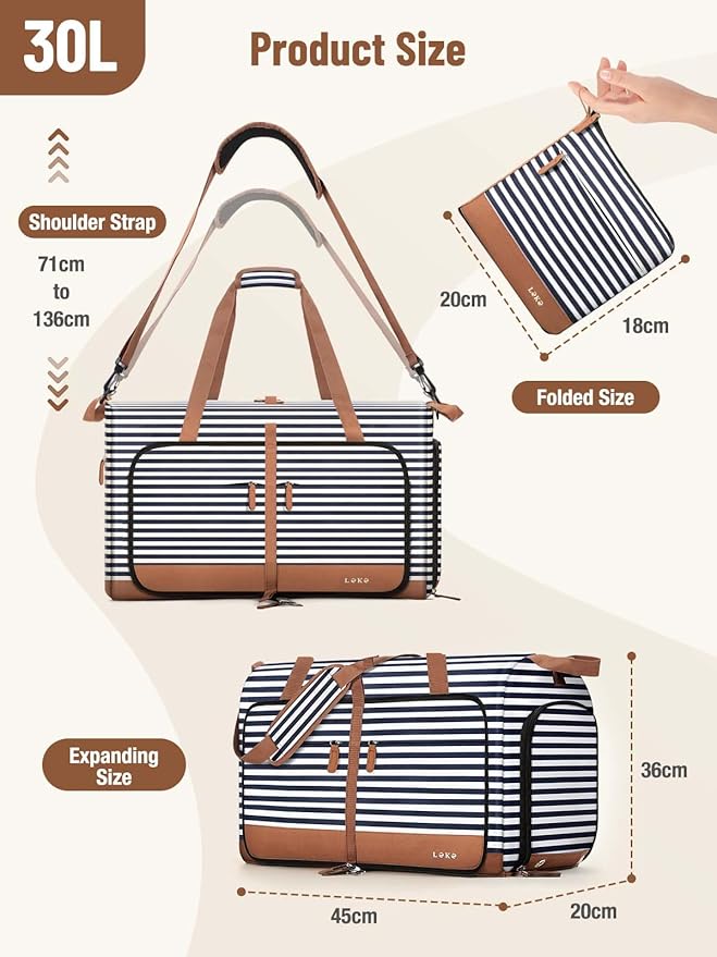 Lekesky Foldable Travel Duffle Bag for Women, Large Duffel Bag with Separate Shoes Compartments & Straps, Carry On Weekend Bag for Women, Hospital, Overnight (Blue Stripe, 30L)