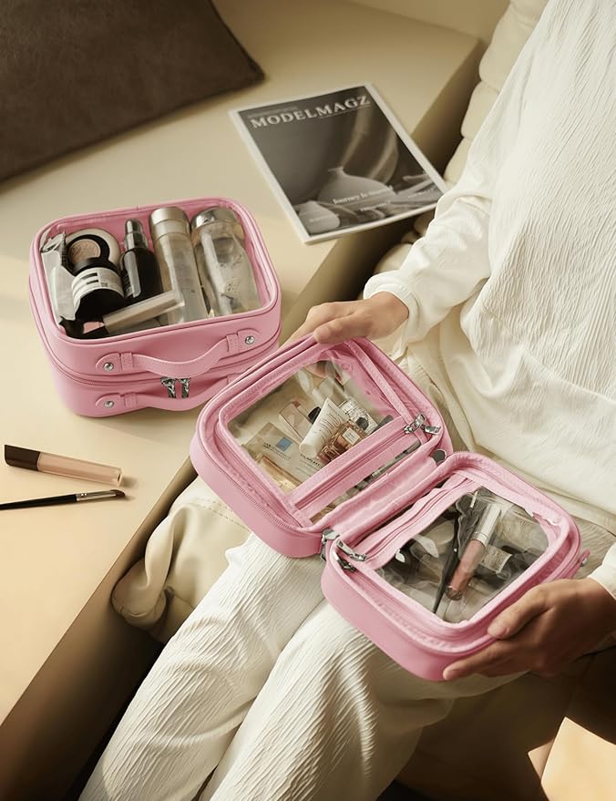 Clear Cosmetic Bag Double Layer Travel Toiletry Bag Clear Makeup Bag Case with 4 Compartments, Transparent Travel Bag for Toiletries, Large Toiletry Bag for Women Cosmetic Case (Pink, Small)