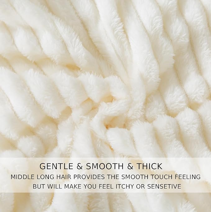 Cuddly Queen Size Blanket, Fluffy Fleece, Warm & Soft with Striped Pattern, 90x90 Inches, Cream