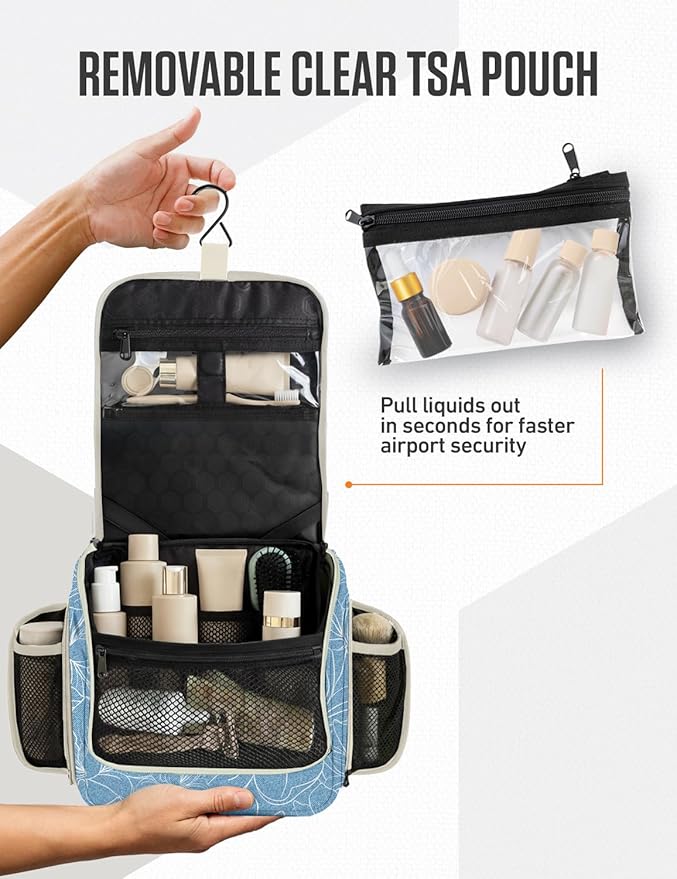 VENTURE 4TH Hanging Travel Toiletry Bag for Women & Men – Large Toiletry Organizer with 17 Compartments, Removable TSA Pouch, Travel Wash Bag for Toiletries, Makeup & Shaving Kit (Blue Flowers)