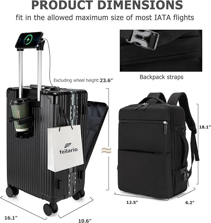 feilario 2 Piece Set Aluminium Frame PC Hard Shell Spinner Wheels Luggage,22.5"X15"X9.5" Airline Approved Built-In TSA lock Carry on Suitcase, with Cup Holder, USB Port, Phone Holder