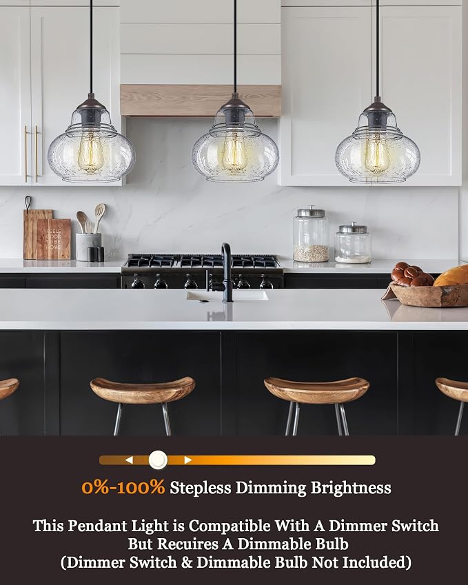 ELYONA 2 Pack Bubble Glass Pendant Lights, 8 Inch Vintage Hanging Lamp Seeded Glass Industrial Pendant Light Fixtures for Kitchen Island, Farmhouse, Bar, Bathroom, Dining Room, Oil Rubbed Bronze