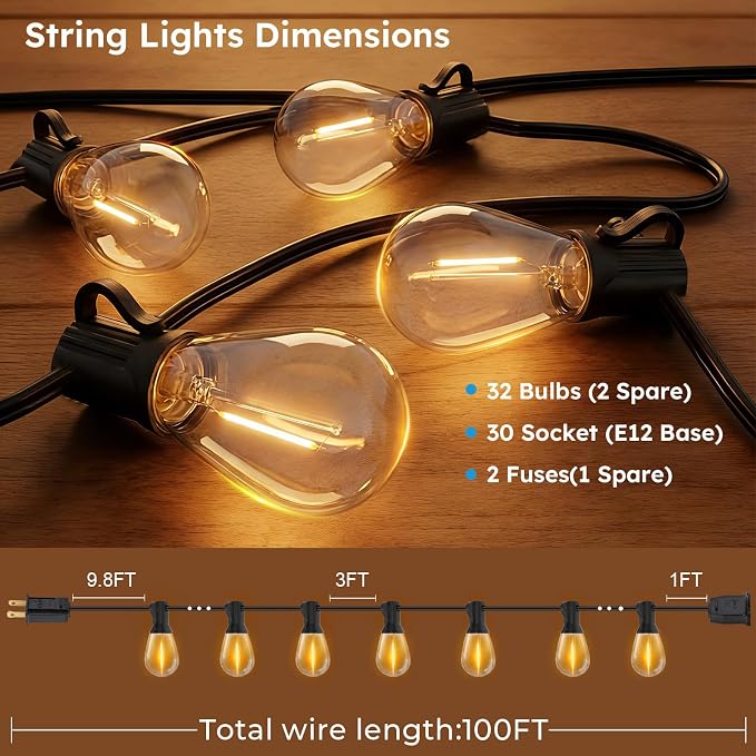 GvvooHome LED Outdoor String Lights, 100FT Waterproof Patio Lights with 32 Shatterproof S11 Plastic Bulbs, 2700K Warm White Edison Hanging Lights for Backyard, Garden, Porch, Bistro