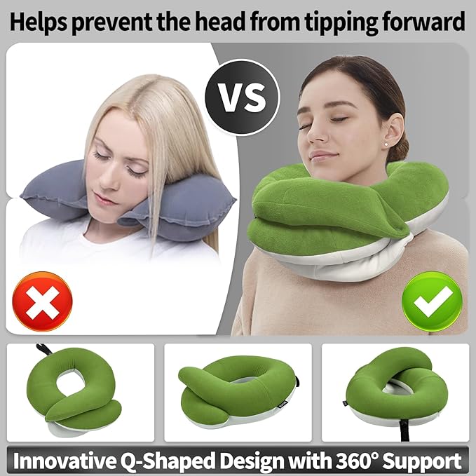 BUYUE Travel Neck Pillows for Airplanes, 360° Head Support Sleep for Long Flight, Skin-Friendly & Breathable, Kit with 3D Contoured Eye Mask, Earplugs and Storage Bag (Adult, Green, 90+ lbs)
