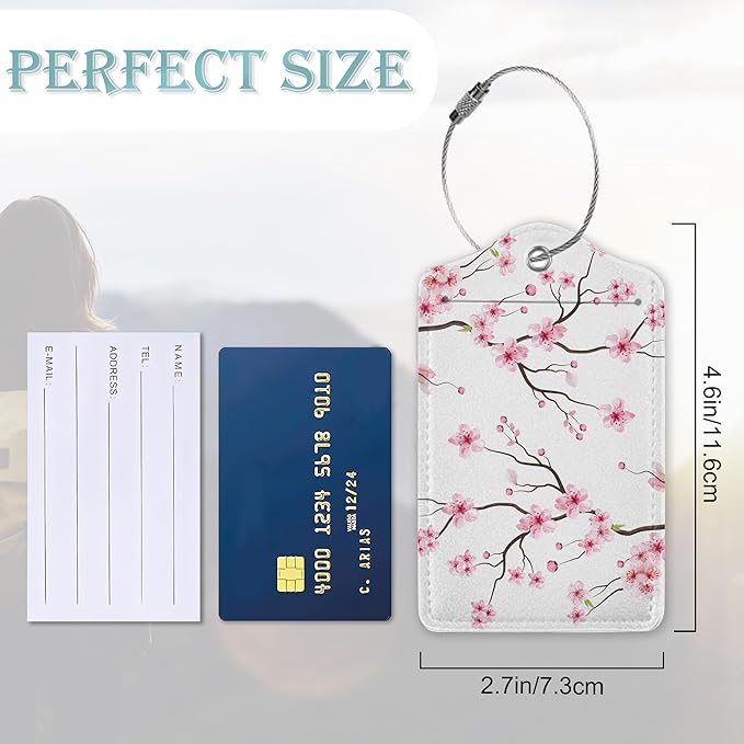 Luggage Tags for Suitcase,2 Pack Japanese Cherry Blossom Tree Luggage Tag PU Leather Privacy Cover ID Label with Stainless Steel Loop for Women Men Teens Travel