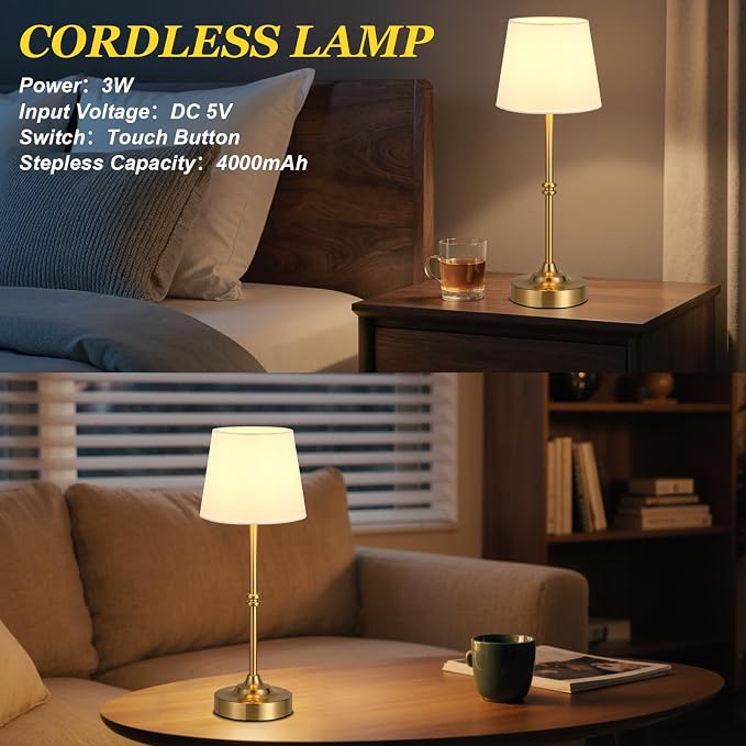 Kakanuo Rechargeable Cordless Table Lamp Gold - 2 Pack Brass 4000mAh Battery Operated Lamp, 3000K Warm Light, Touch Control Stepless Dimming, for Bedside, Dining Table, Home Decor