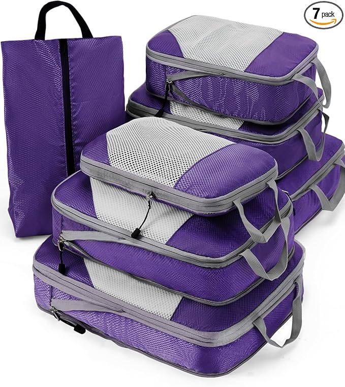 Meowoo 7 Set Compression Packing Cubes for Travel, Durable Ripstop Mesh Suitcase Organizer with Shoe Bag, Ultralight & Expandable Space Saver Travel Cubes