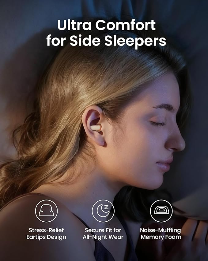 Ear Plugs for Sleeping All-Night Wear without Ear Pain Side Sleeper Patent Qufits Eartips Ultra-Comfy Reusable Earplugs for Sleep, Focus, Study, Travel, 23dB Noise Reduction - Beige