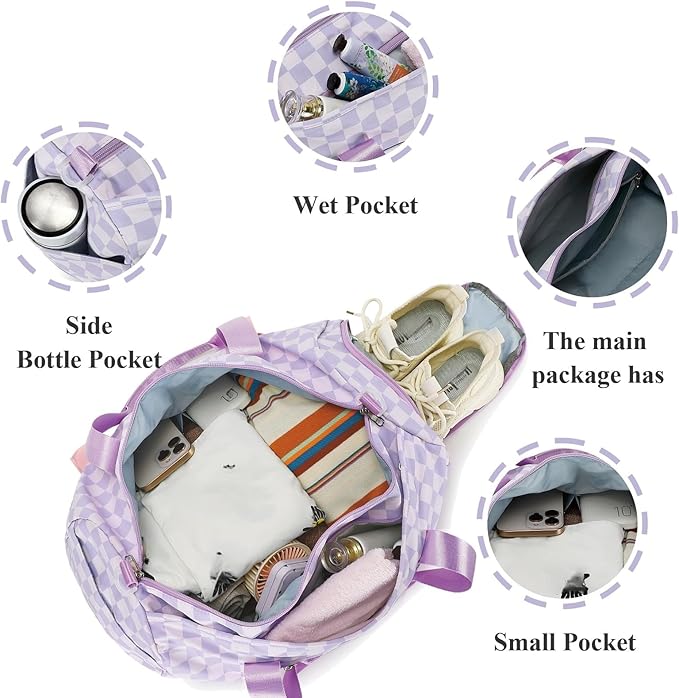 LEDAOU Duffle Bag Girls Kids Cute Dance Bag with Shoes Compartment Gym Bag with Wet Pocket Sports Overnight Travel Bag (Purple Checkered)