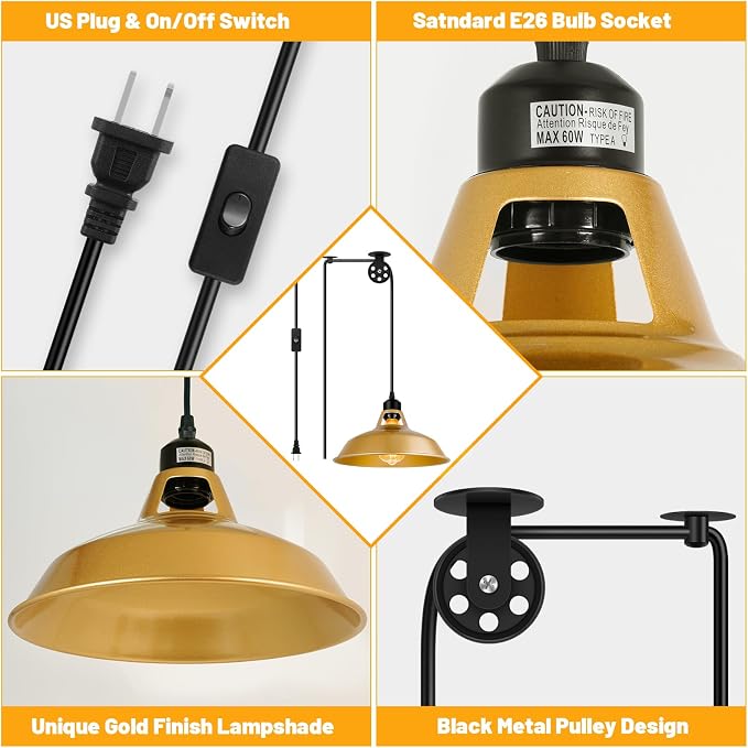 Lomoky Plug in Pendant Light, Vintage Hanging Lamps with Gold Barn Shade Pendant Lighting with 14.76ft Cord On/Off Switch, Adjustable Pulley Hanging Lights for Kitchen, Bedroom, Living Room (1 Pack)