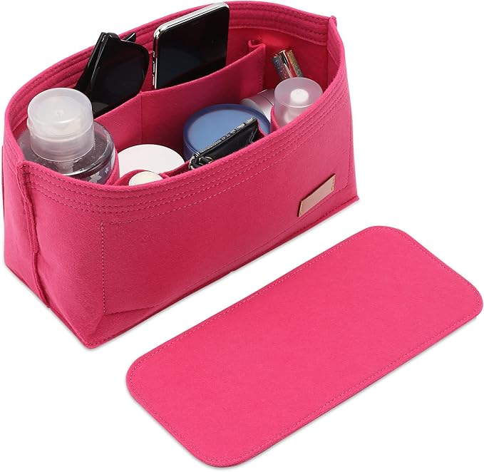 Doxo Purse Organizer Insert, Felt Bag Insert Tote Shaper Fit LV Neverfull PM & Base Shaper 2pc Set with Zipper Pocket and Bottle Holder (M-Rose)