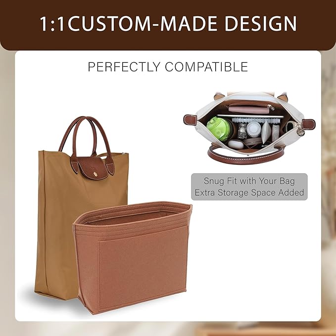 Premium Felt Purse Organizer Insert for Longchamp Le Pliage, Zipper Long Champ Bag Organizer Insert with Cup Holder, 8 Compartments