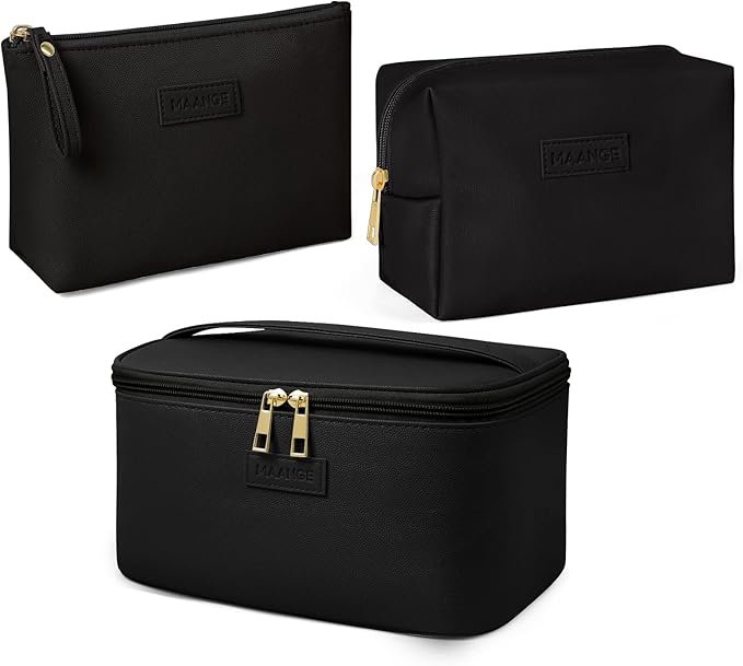 MAANGE Makeup Bag - Large Cosmetic Bag with 2pcs Small Makeup Bags Portable Leather Travel Makeup Bag Set Toiletry Bag Make Up Bags for Women and Girls (Black)