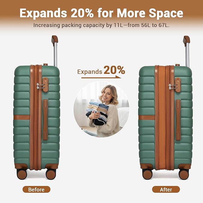 Kono Expandable 24 Inch Luggage with Spinner Wheels, Medium Checked Luggage with Lock, Lightweight & Anti-Scratch PC+ABS Hardshell Travel Suitcase, Green/Brown
